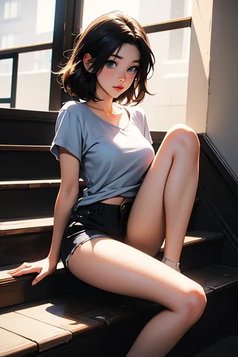 Name: Kaede, Age: 18, Appearance: Curvy hips, medium-sized breasts, sky blue eyes, round butt, soft thighs. Short black hair, wears a black t-shirt with a low neckline, black shorts, and a gray plaid shirt over her black t-shirt, the shirt is open. sam yan...