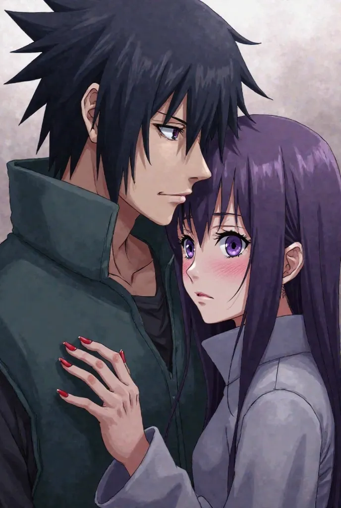 Sasuke Uchiha in a relationship with a female ninja with purple hair, purple eyes, the female ninja looks unhappy and dull while Sasuke looks indifferent.  The male character should look the most identical to Sasuke Uchiha 