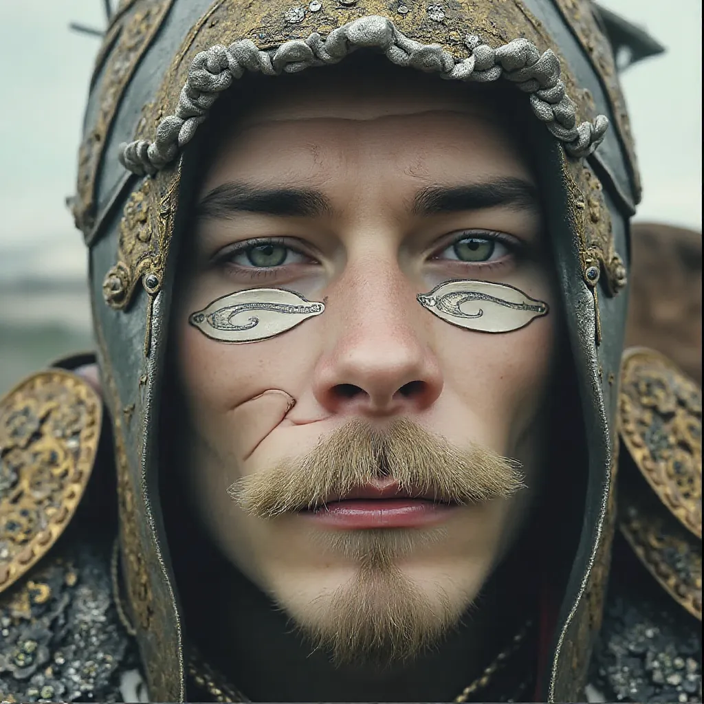 Portrait close-up knight in silver and gold engraved armor with floral carvings on his hel and armour. Epic post-war atmosphere