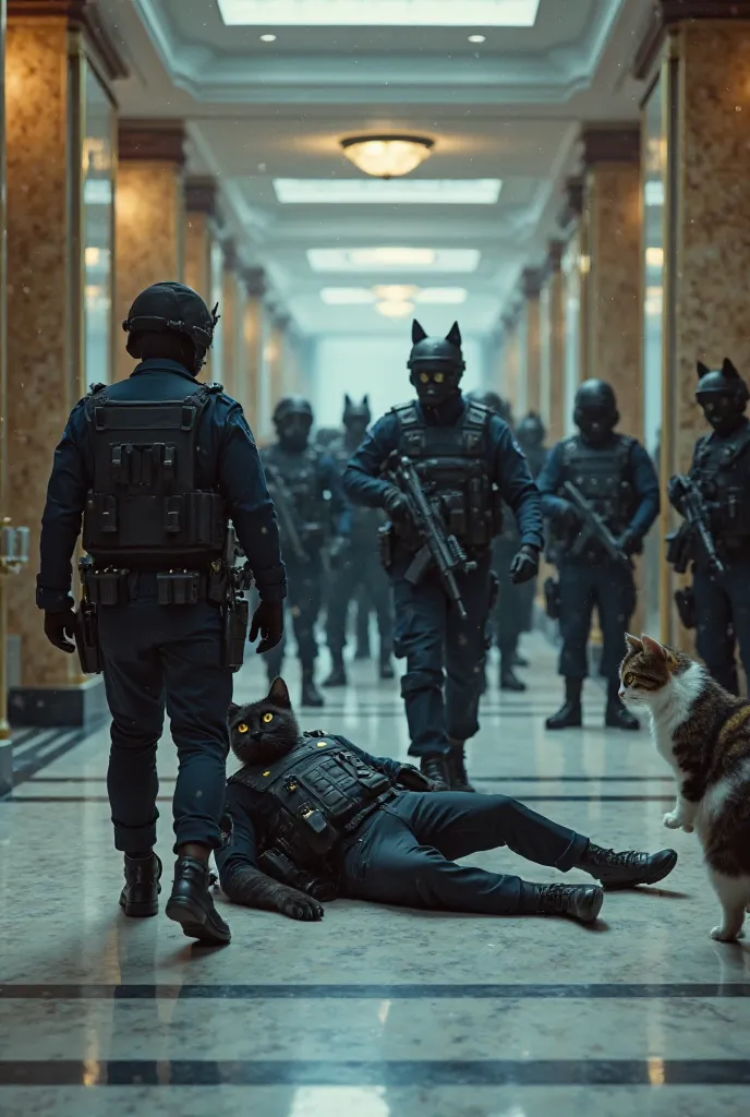 The scene shifts in the bank, where human-like police cats have arrived, wearing dark blue uniforms and armed with weapons, stepping into the chaos. They cautiously approach the defeated black cat in the black suit, with the muscular white cat still standi...