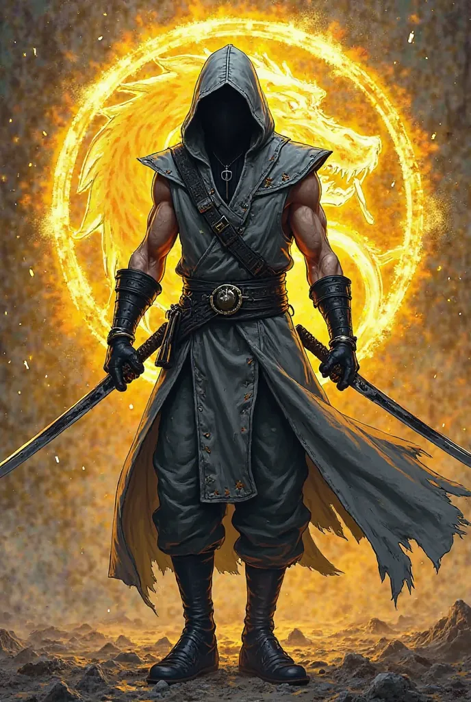 Comic: Mortal Kombat character with gray hooded jumpsuit, black gloves, black boots and black waistband. He wields dual katanas and has a luminous yellow dragon-tiger aura.