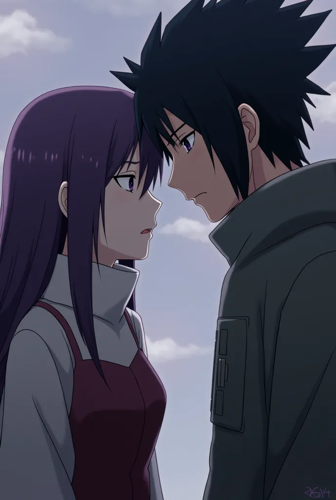 Sasuke Uchiha in a relationship with a female ninja with purple hair, purple eyes, The female ninja looks unhappy, sad and dull while Sasuke looks indifferent and annoyed with the girl.  The male character should look the most identical to Sasuke Uchiha 