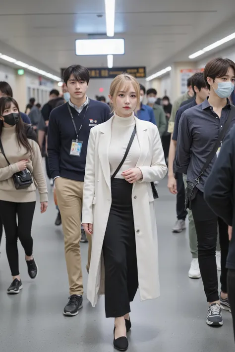 A Japanese woman walks through a crowded Tokyo train station、with medium blond hair, wearing a short white coat、I'm wearing a turtleneck knit underneath my coat、Composition from Shomen showing them wearing a tight black mermaid long skirt、The skirt has a s...