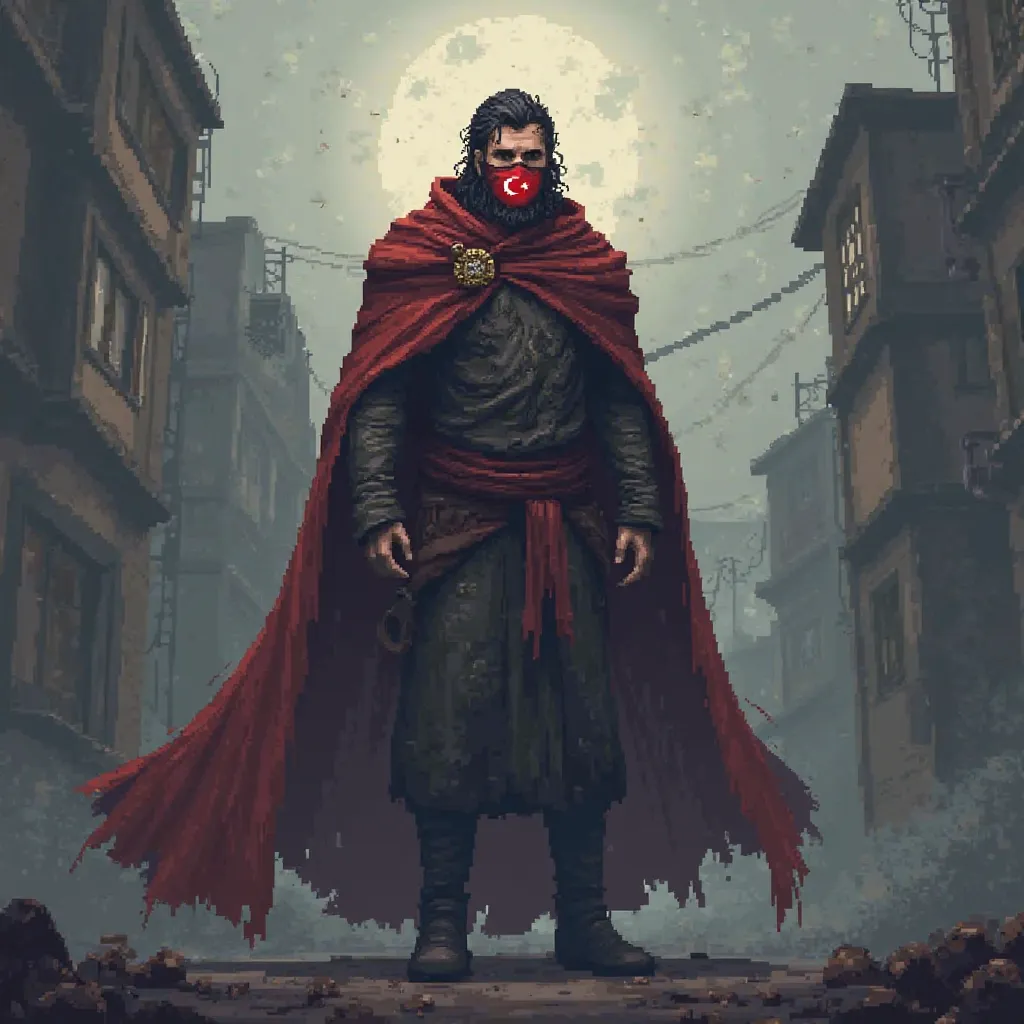 Male named unloss with a spiritual form, impoverished, Create a legendary pixel character with a cape and a mask with a Turkish Flag in his mouth. 