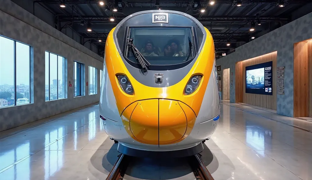 "A stunning front view of the Vande Bharat Sleeper Train in a modern showroom setting. The train has a sleek aerodynamic design with a streamlined nose cone, painted in a combination of vibrant yellow and white. The showroom is well-lit with a glossy floor...