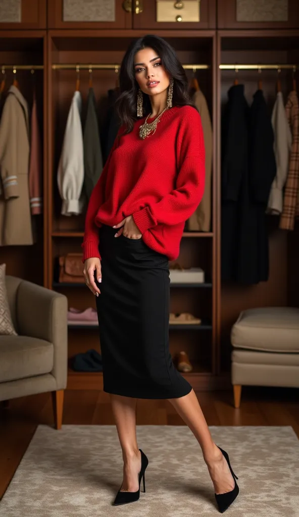 Woman in office style , ( oversize red sweater and black midi skirt, Stilettos, heavy jewelry ) Posing in a luxurious wardrobe.