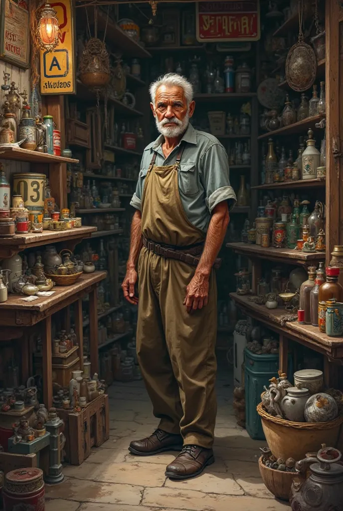 A middle-aged man standing inside a small, crowded shop, surrounded by goods, looking tired but hardworking.