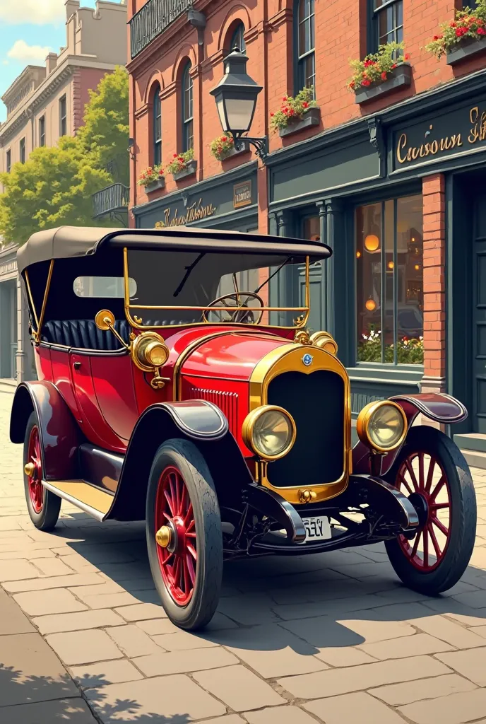 A beautifully detailed vector illustration of a classic vintage car from the early 20th century, featuring a deep red body with elegant gold and black accents. The car has large spoked wheels, a luxurious black leather interior, and a brass radiator grille...