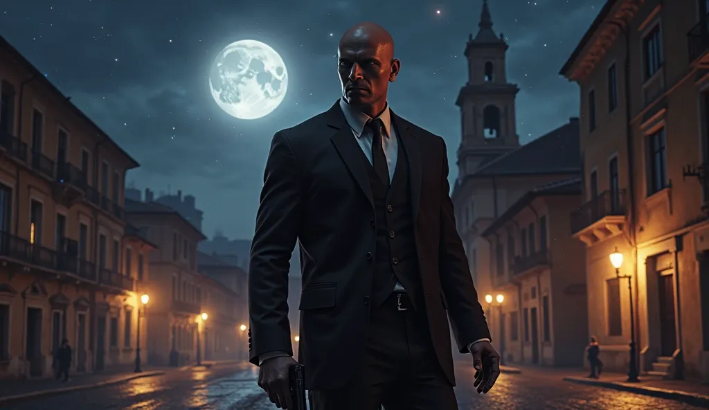 Agent 47 standing in Sapienza at night, holding a silenced pistol, with a full moon and glowing streetlights illuminating the scene. The background shows the iconic Sapienza church and town square, with a dark blue and purple sky. Bold text: 'SAPIENZA NIGH...