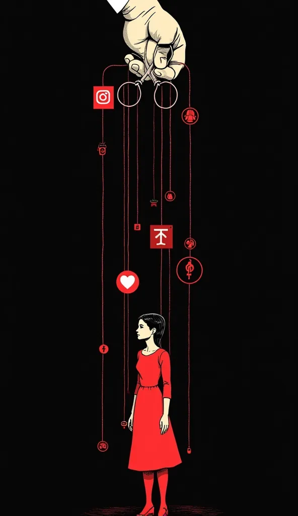 A woman, controlled like a puppet by strings attached to social media icons (like instagram, heart icon etc.) and feminist symbols. A male hand is about to cut these strings with scissors. The composition is minimalist, with a strong contrast between black...