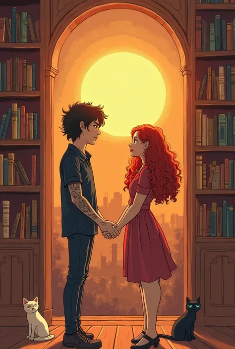 
I want a book cover, my characters are Aeliana and Elio, Aeliana is a redhead, curly and long hair and has heterochromia, Elio has long but medium black hair and tattoos, the cover is in a cute library, With cats and cartoon-style books Aeliana and Elio t...