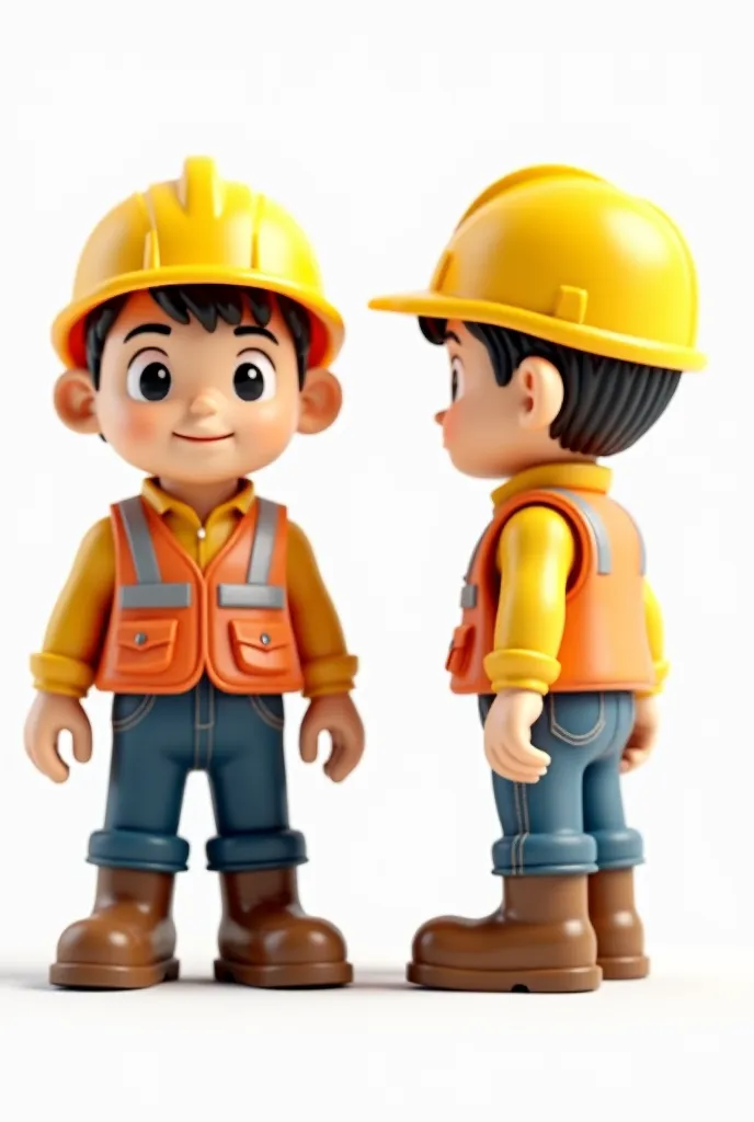 A high-quality 3D render of a miniature toy construction worker, displayed from three different angles within the same image. The toy worker wears a bright yellow safety helmet, an orange reflective vest, and work boots. The figure has a cartoonish but det...