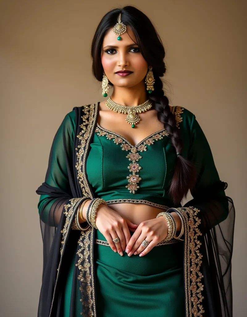 a beautiful indian woman aged 34, wear punjabi GREEN sequin salwar kameez (fitting of cloth is tight that every curve fluant)heavy embrodiary BLACK duptta, breast 38d, no MIDRIFF,NO NAVEL, full body view,HEAD TO TOE, PUNAJBI JUTTI, maang tikka on forhead,p...