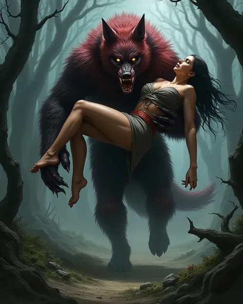 Red and black wolfman carrying sleeping dleeping woman over his shoulder 