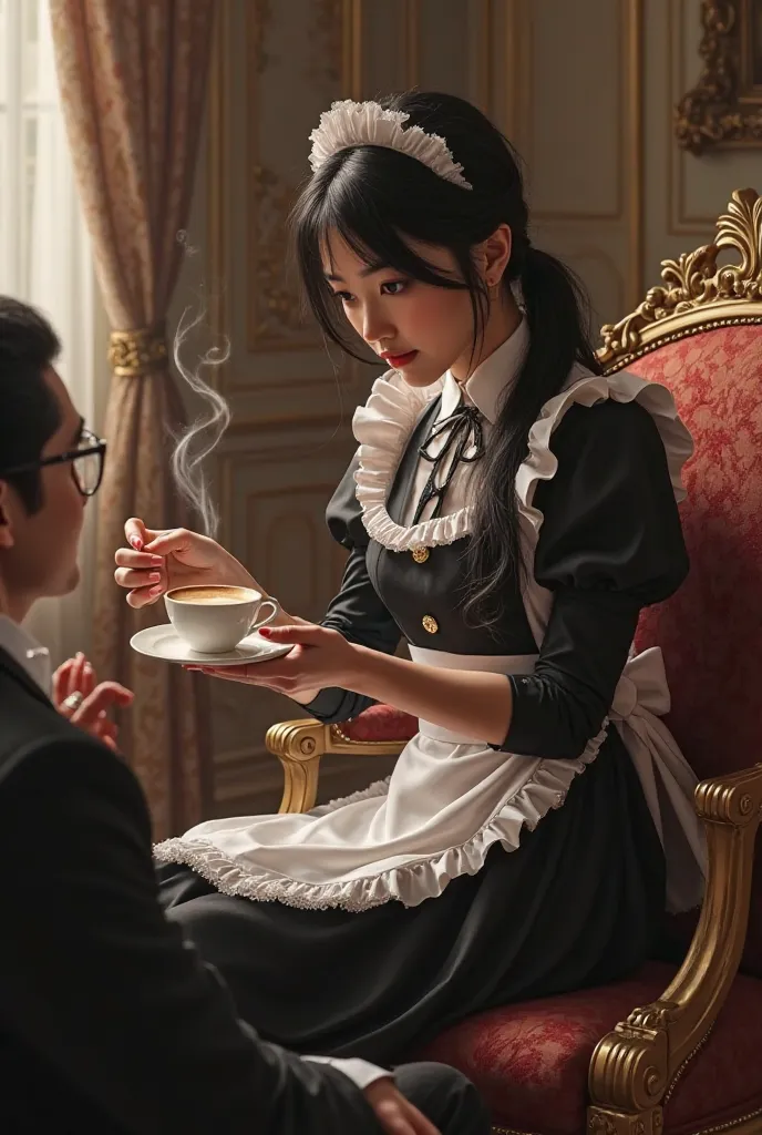 Dressed as a maid leaning over her master and drinking coffee 

Maid Hairstyle Long Hair Asian Face Black Heels