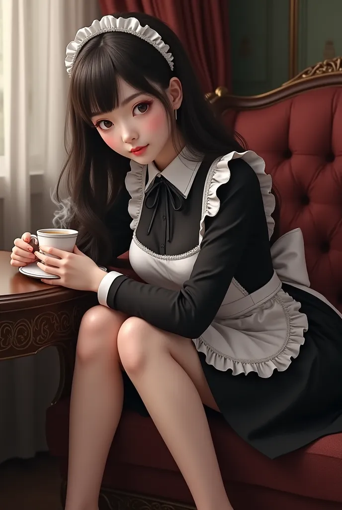 Dressed as a maid leaning over her master and drinking coffee 

Maid Hairstyle Long Hair Asian Face Black Heels