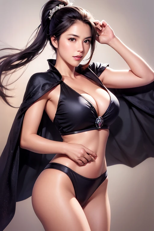 The upper body of an unscrupulous pirate wearing a long cape, 1 person,  And I'm wearing a transparent bikini and,cute ponytail ,Age 30, (((real face))), slightly larger breasts and cleavage,  reveal cleavage,is angry, very fine face and skin texture  , st...