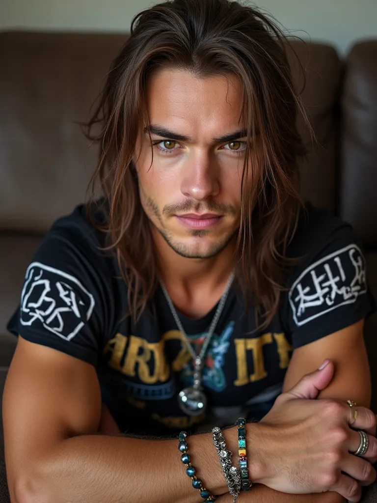 A handsome guy with high cheekbones, a sharp jaw, a hooked nose, wide eyebrows, brown eyes, a mole under his eye and long brown hair down to his shoulders looks straight ahead, he has a slight sly smile, he is lying on the sofa, He is wearing a rock band T...