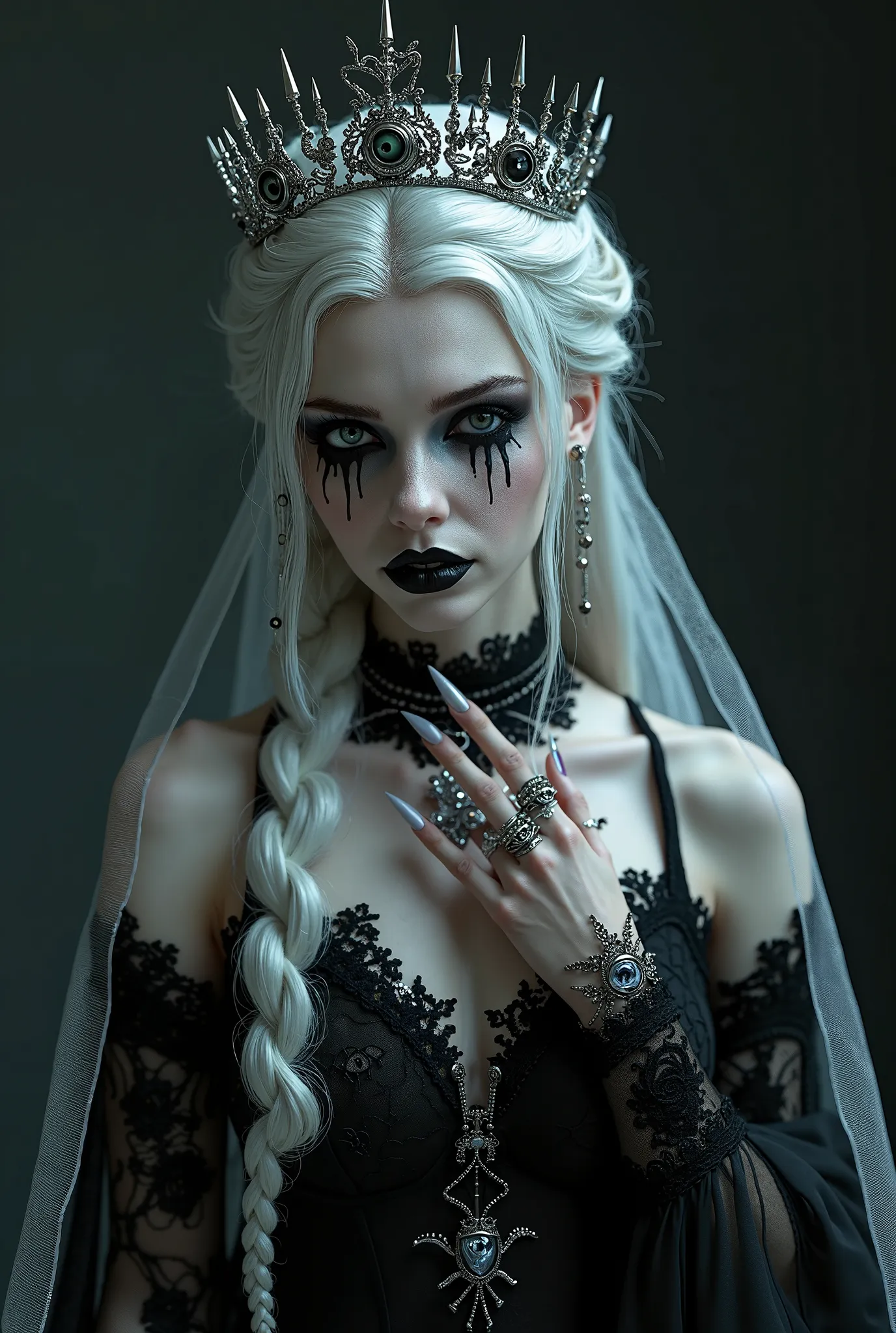 A gothic bride with pale skin, long silver hair styled in a braid, and intricate black and silver makeup including dripping black tears and eye details. She wears a black lace dress, a silver crown, and a sheer white veil. Her hands are adorned with rings ...