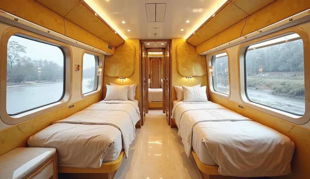 
"A high-definition interior view of the Vande Bharat Sleeper Train displayed in a luxurious showroom. The cabin features a modern and elegant design with soft yellow and cream tones, premium sleeper berths with plush cushioning, and neatly arranged beddin...