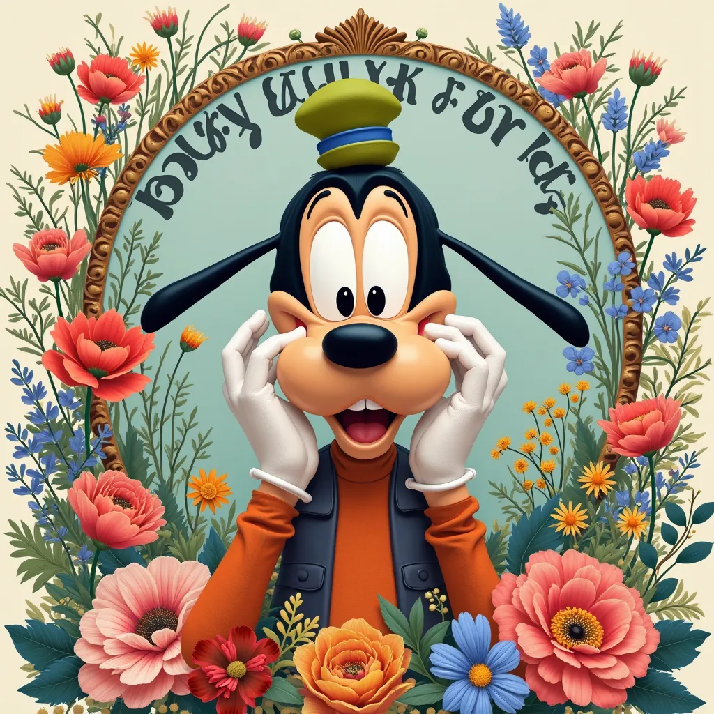 Disney “goofy”, two hand touched to face, smile, background full of peony bluebell poppy pansy daisy flowers, “ENJOY YOUR TRIP” black word in semi circle “flora” calligraphy font style on top, pantone “silver bitch” “green lily”  grandiently, detail, multi...