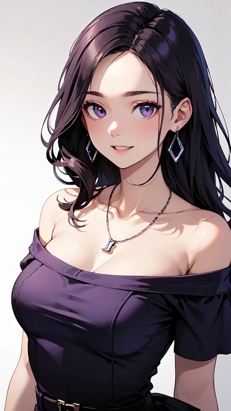 Purple、purple curled long hair with a raised forehead、off-the-shoulder pink t-shirt、cute earring。Dior necklace、Turn your face to the front、Close-up of face。laughs。Illustration up to the chest、 mature girl

anatomically correct, high detail, high image qual...