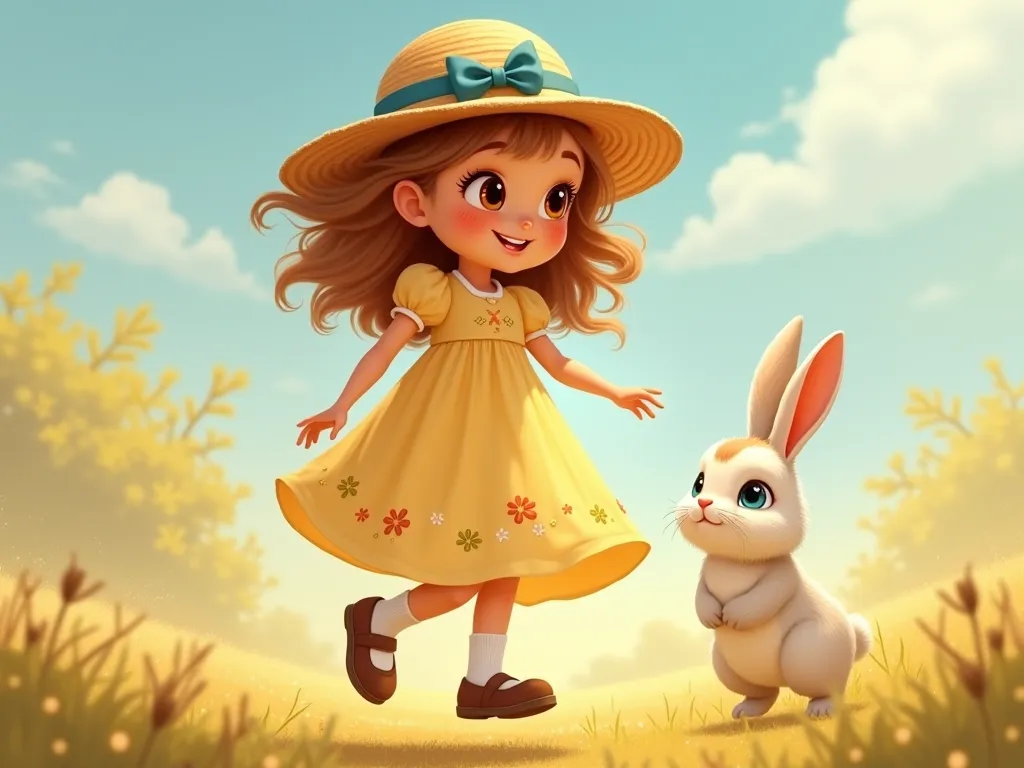   
- Appearance: Golden-brown curls that bounce as she moves, big hazel eyes full of wonder, and rosy cheeks wearing a light yellow sundress with tiny embroidered flowers, white socks, and brown Mary Jane shoes. With straw hat with a blue ribbon, slightly ...