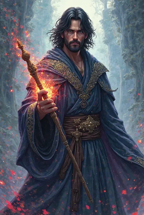 Young man, shoulder length black hair, bushy beard, wearing wizard robes, holding a wand, anime style