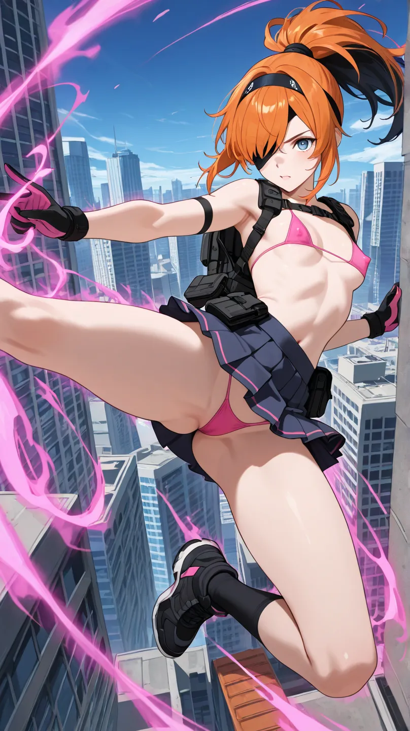 woman floating in frame. neat, long orange ponytail hair style with black hair band, small breast, tactical gear with straps and bags, impression of nipples visible through fabric, high class pink designer clothes, pleated mini skirt, futuristic lens over ...