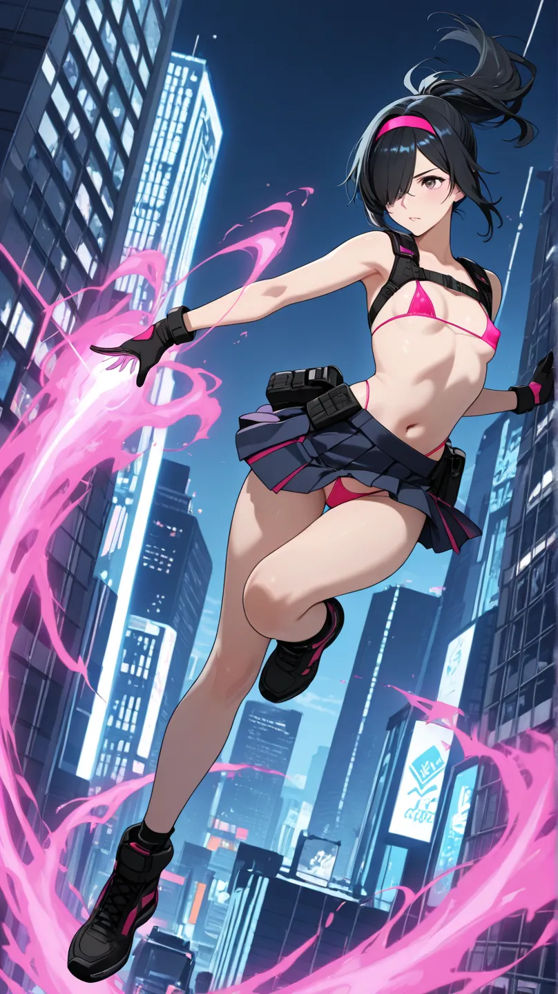 woman floating in frame. neat, long orange ponytail hair style with black hair band, small breast, tactical gear with straps and bags, impression of nipples visible through fabric, high class pink designer clothes, pleated mini skirt, futuristic lens over ...