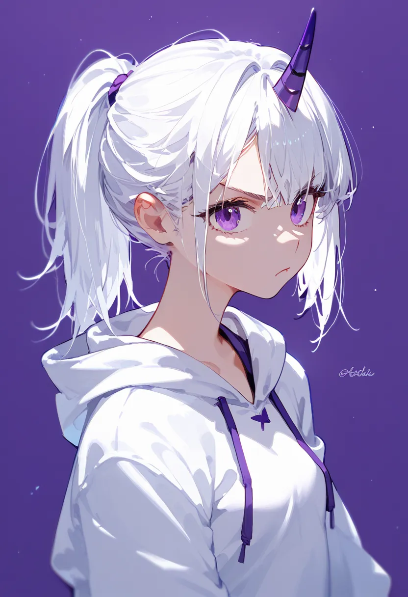 1 person, girl, white hair,In dark purple,with a purple single horn,, white hoodie,cute, short hair , ponytail,Purple Background,serious page