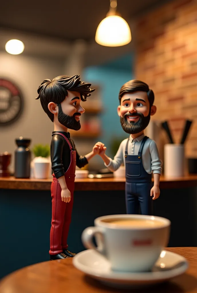 Prompt:

	Tiny figure of a man with messy hair and long beard entering a miniature barbershop, two tiny barbers welcoming him with smiles, modern shop design, logo of [parrucchieri eyad] on the wall, coffee cup on the table, warm bright lighting.