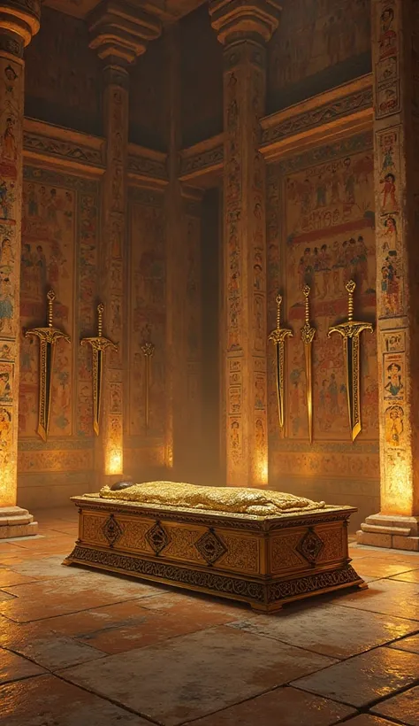 The tomb of a pharaoh with a gold box lying down and four swords on the wall.