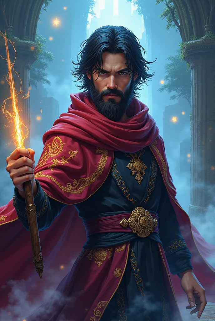 Young man, shoulder length black hair, bushy beard, wearing wizard robes, holding a wand, anime style