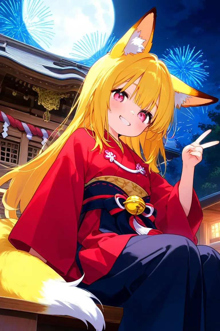  girl、 fox ears、 fox tail 、Yellow Hair、pink eyes、Japanese style clothing、shrine、Eat Inari、smiling