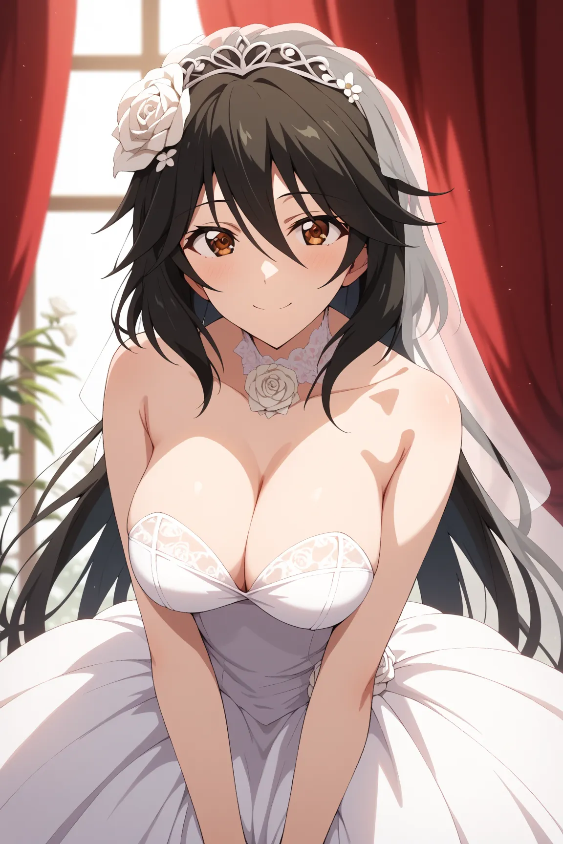 masterpiece,best quality,{{detailed beautiful face and eyes}}, very detailed background,
Chifuyu Orimura,{{{megami magazine}}},long hair,black hair,bangs,hair between eyes,brown eyes,large breasts,
1girl,hairstyle: (wedding bun:1.2)
Outfit: (wedding dress,...