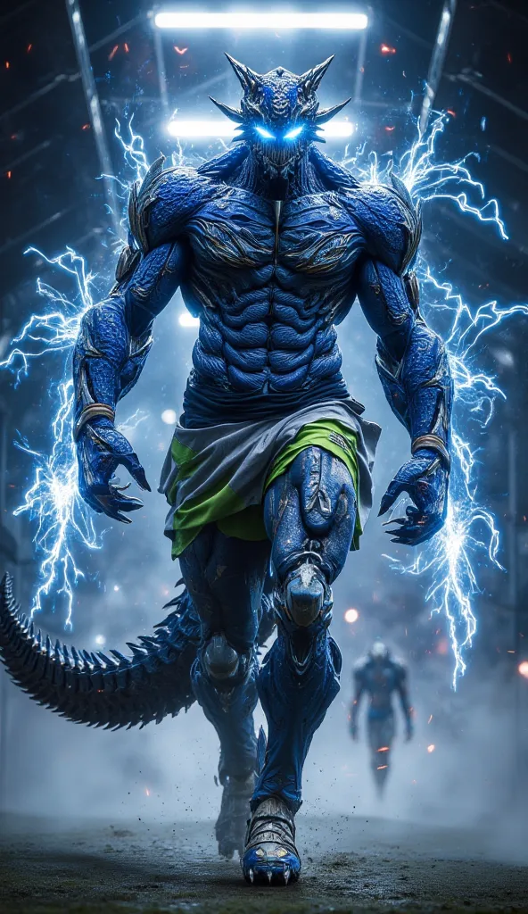 Ultra-realistic cinematic image of a powerful Taniwha warrior rugby player with a towering, muscular body covered in shimmering blue and green reptilian scales. Blue electric energy surges and crackles around his entire body, casting a glowing aura in the ...