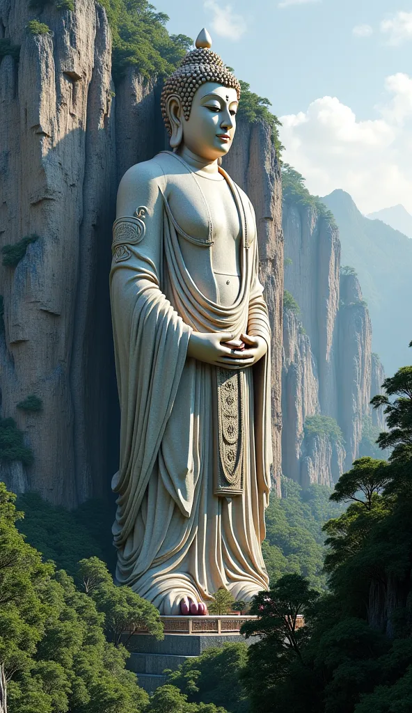 A large ancient Buddha statue carved into a mountain, standing firm against the passing of time, symbolizing patience and acceptance.