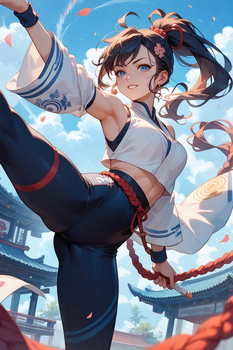 Slender beautiful girl with ponytail。He is a martial artist who has scored a high kick。