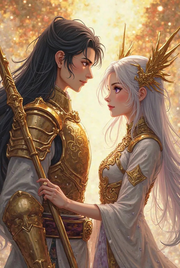 A handsome young man with long black hair, black eyes wearing gold armor, holding a golden dragon spear, standing facing a beautiful girl, purple eyes, silver hair, silver armor, golden dragon, silver dragon anime, Korean