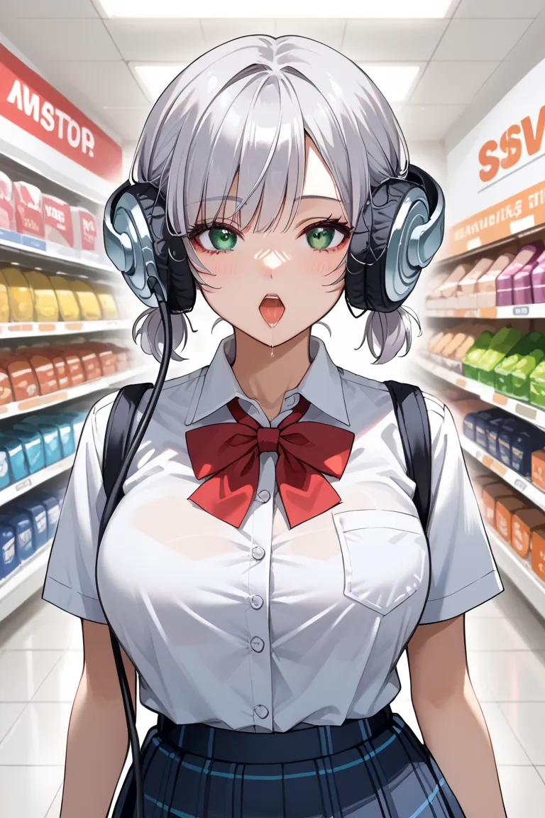 score_9, score_8, score_7, fancy fixes, accurately in viewer, masterpiece, top quality, source anime, 
alone concentrated, fit girl, ((short high twintail hair)), silver hair, green eyes, big mouth, ((saliva visibly dripping)) , large breasts, stomach, sch...