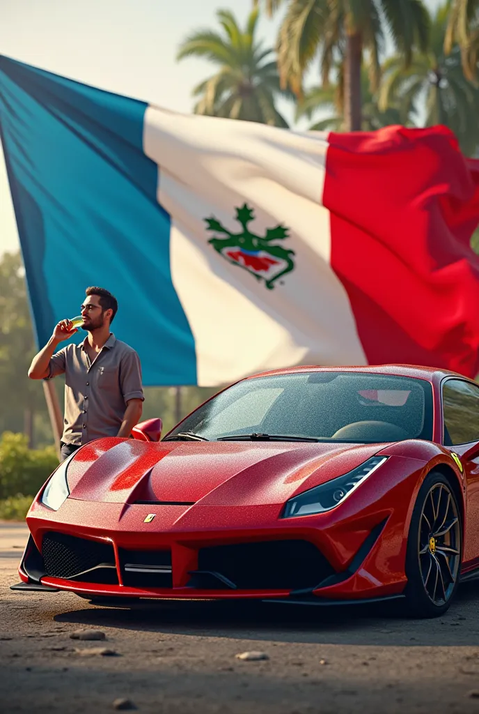 Panamanian flag in the background and man drinking beer next to a Ferrari
