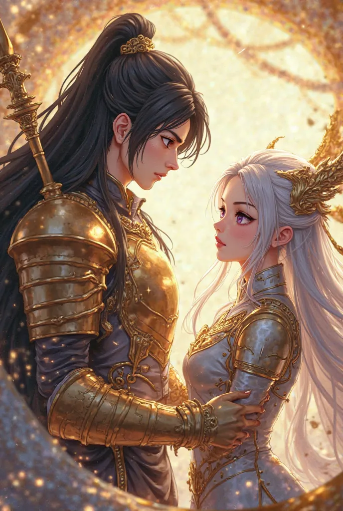 A handsome young man with long black hair, black eyes wearing gold armor, holding a golden dragon spear, standing facing a beautiful girl, purple eyes, silver hair, silver armor, golden dragon, silver dragon anime, Korean