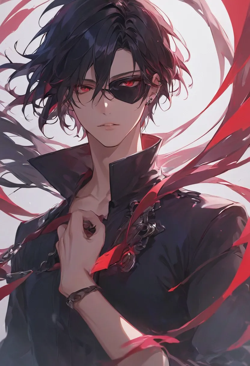 A highly detailed, ultra-HD anime-style illustration of a male bounty hunter, captured in a dramatic close-up shot. His jet-black hair is depicted with silky highlights and intricate strands, flowing naturally with subtle dark undertones that enhance its d...