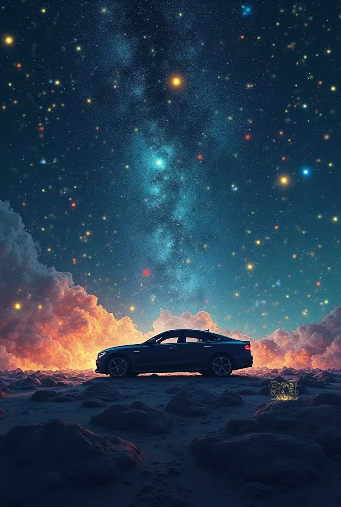  a starry sky,  car, with stars of different colors, between yellow, Red and blue paper and normal stars