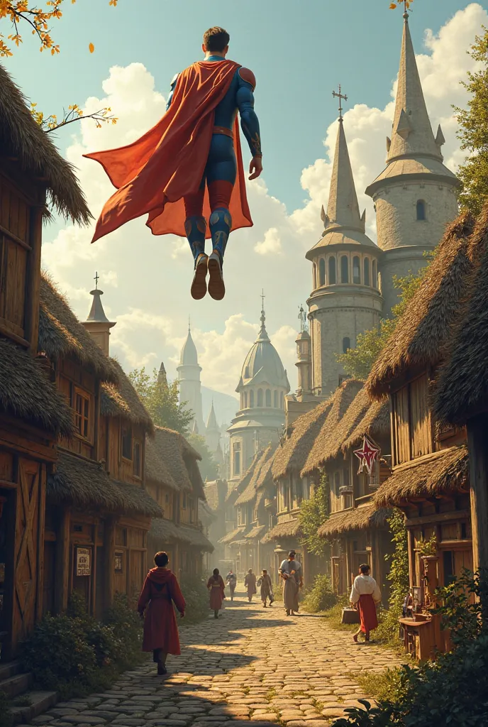 Mediaeval time, mediaeval city, daytime, villagers doing their work unbothered, a superhero above a hut, waiting to fight crime l, looking down at the village, full view, side view.