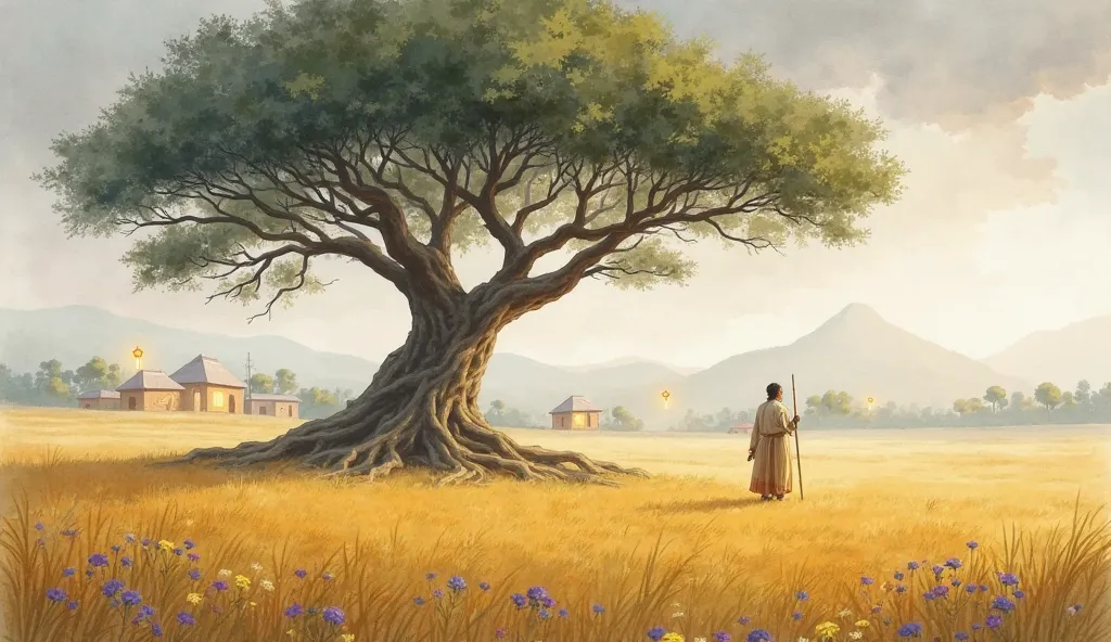 "Create a serene watercolor illustration of a vast golden field under a gray cloudy sky. In the center, a large banyan tree with twisted roots and broad leaves stands prominently. A lone figure, a humble man in simple robes holding a staff, stands small be...