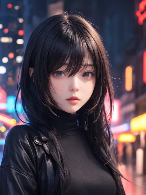 Anime girl with mushroom hair, Looking directly at the screen，Anime style 4K, Star eyes ， Very cute，There are stars everywhere，Street View，night，cyberpunk