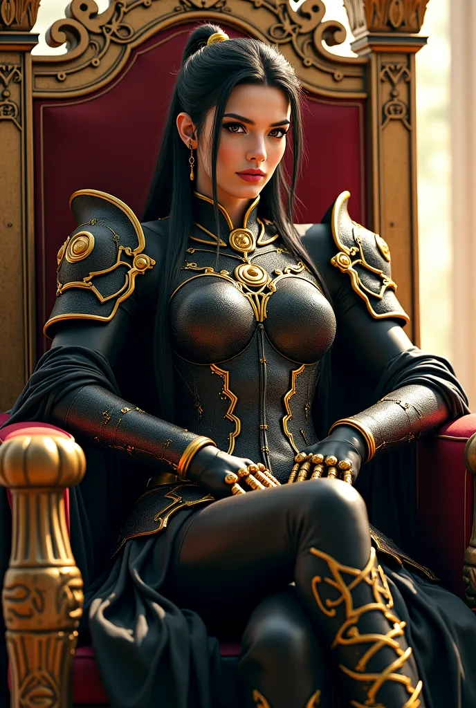 With gold fingernails as long as a sword, Design a female character wearing black and gold embroidered armor. May he sit on the throne strongly and frighteningly