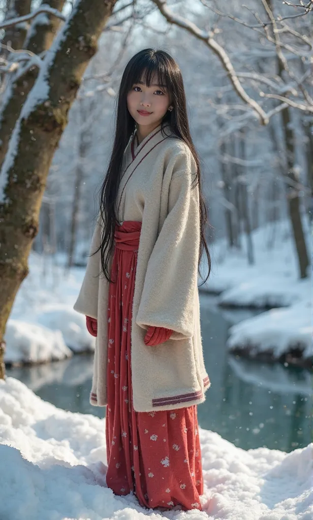 A real Oriental Japanese girl with 18 years old with beyond floor length black hair and see her "whole" body wearing thick lambswool traditional Wafuku standing nearby hot springs inside the forest, must see her whole body. The scenario of forest shows win...